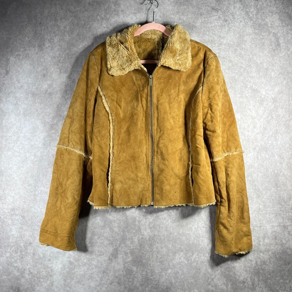 Vintage Winlit Leather Jacket Womens XL Brown Faux Sherpa Lined Full Zip Retro